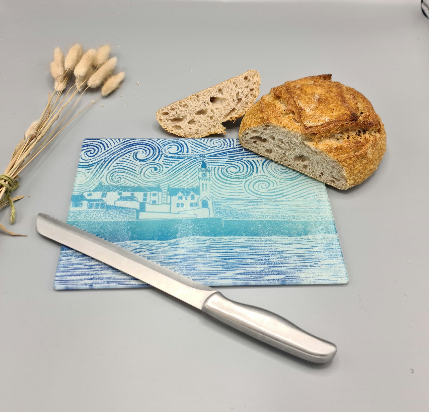 Glass worktop savers with lino print designs