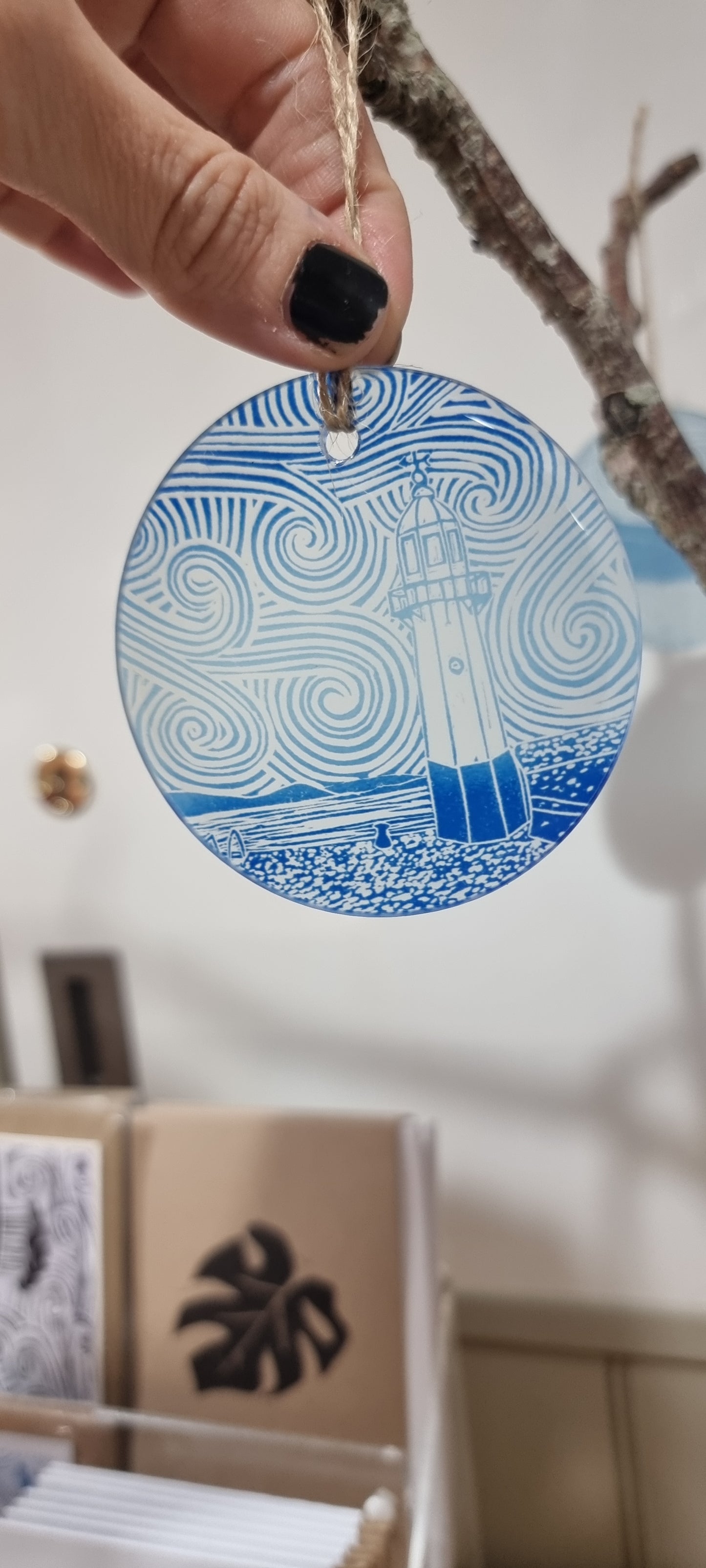 Glass decorations from lino print designs