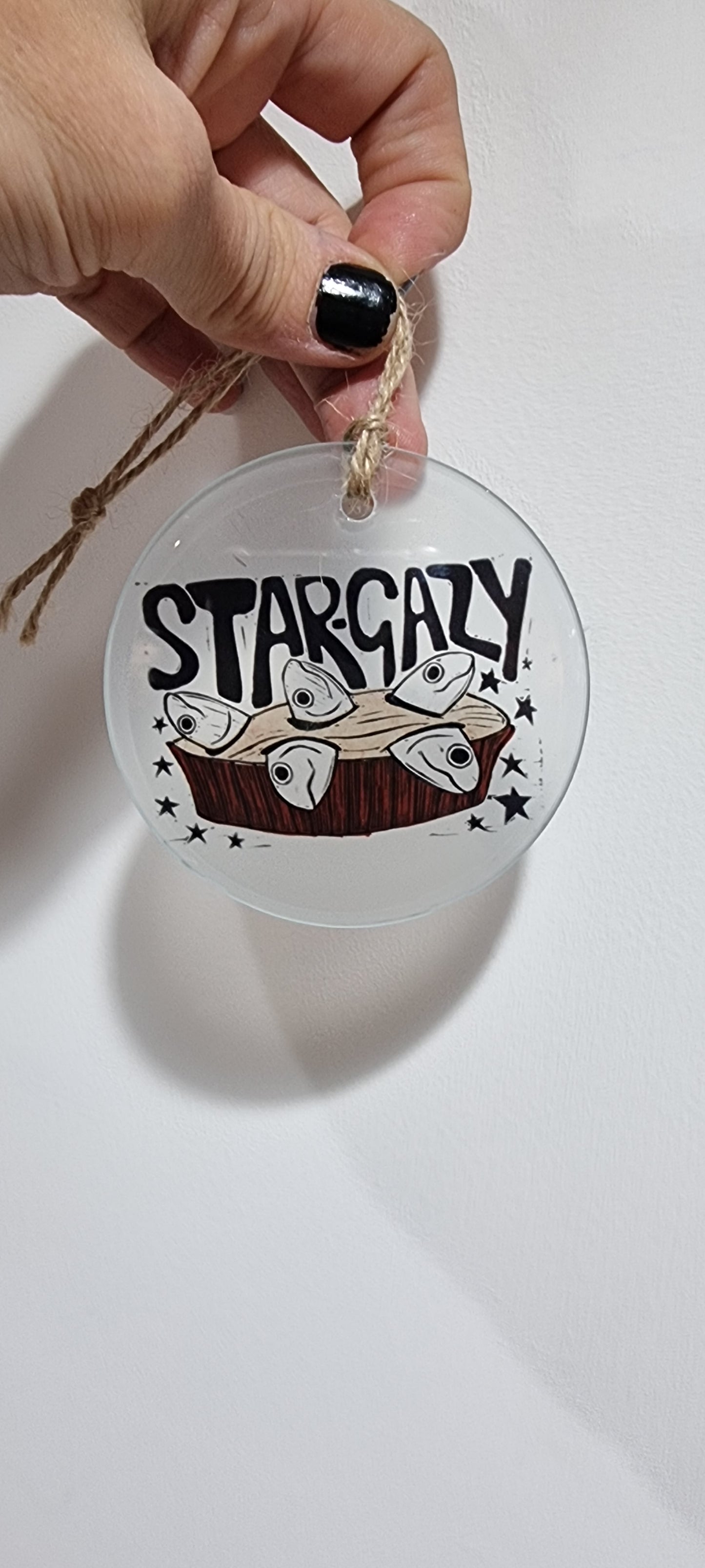 Glass decorations from lino print designs