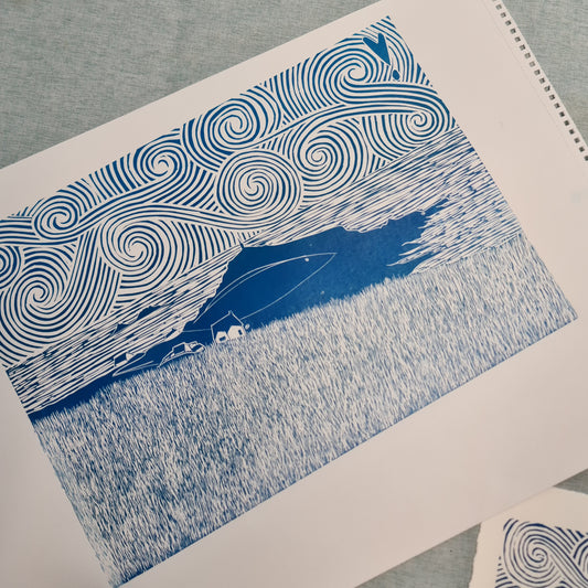 A3 Cape Cornwall Original lino print