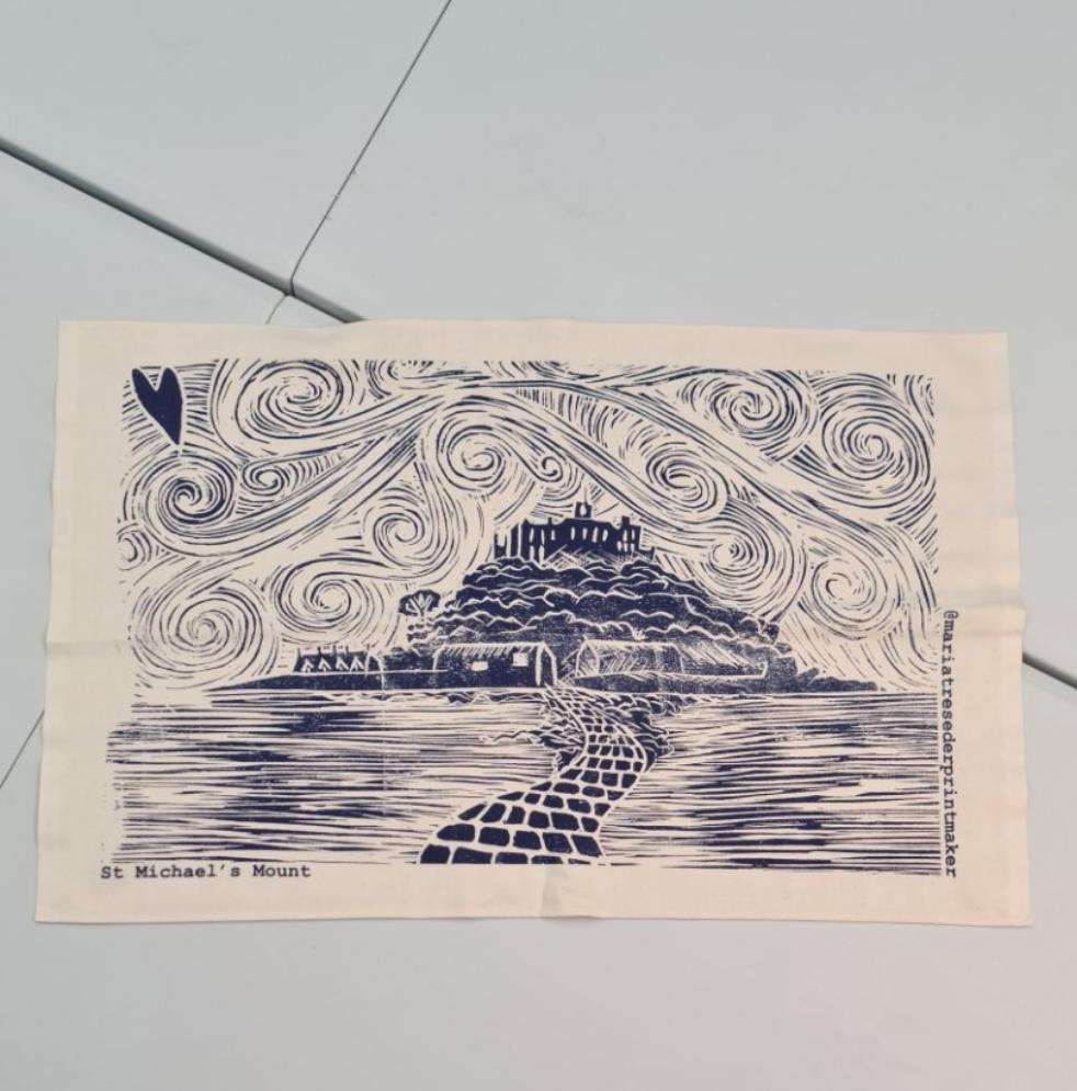 St Michael's Mount lino print (screen printed) tea towel. cornish