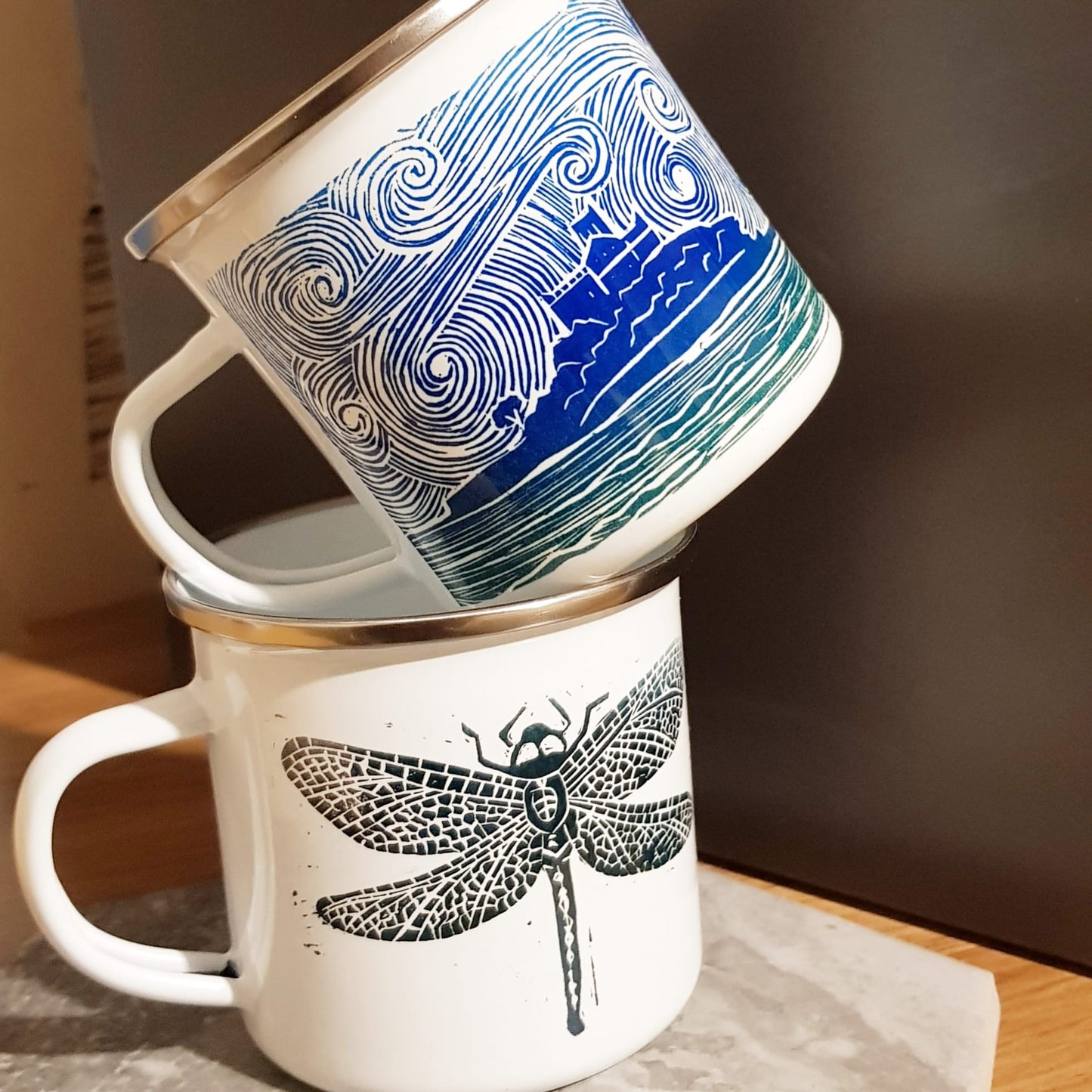 Enamel Mug printed with lino print design