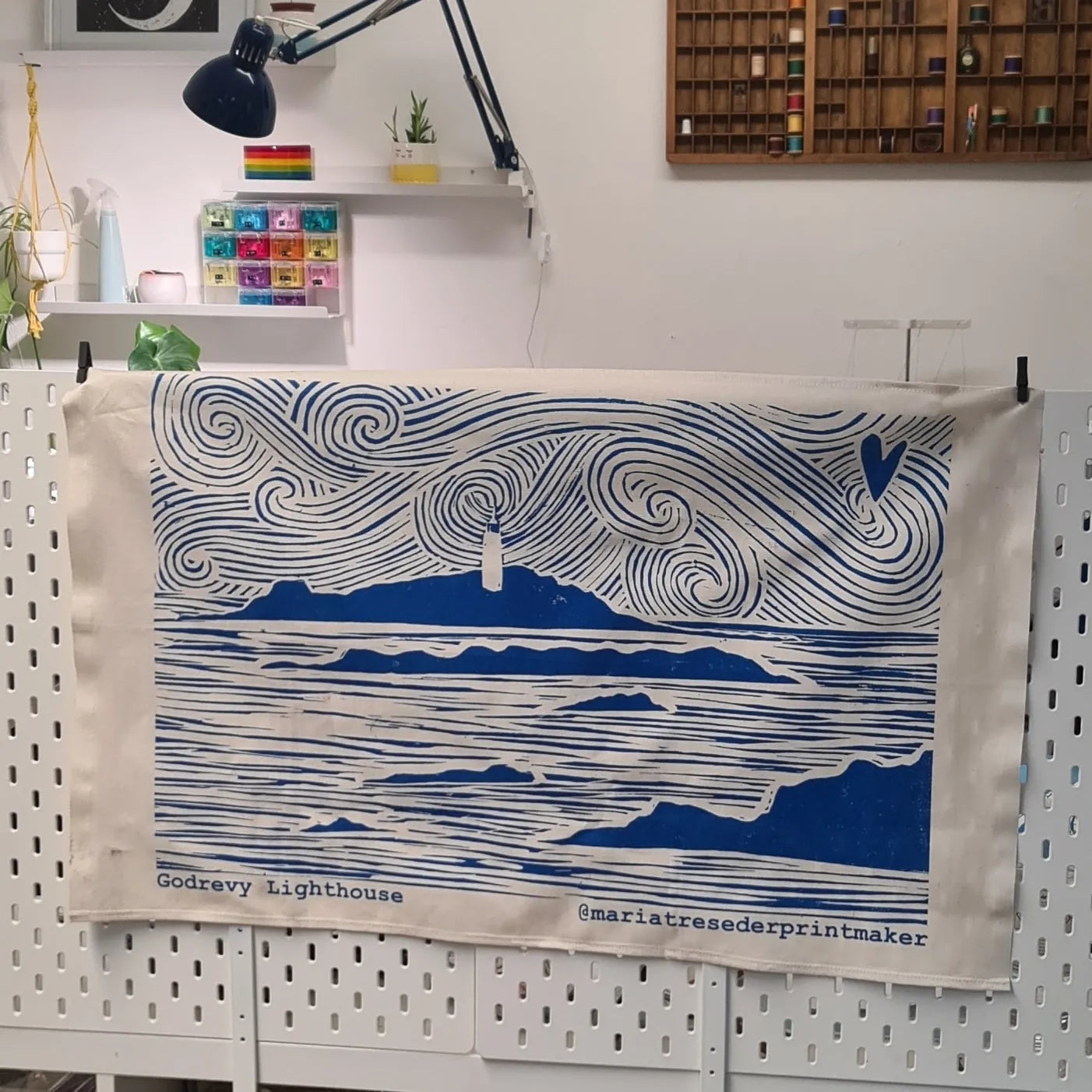 Godrevy tea towel from lino print design