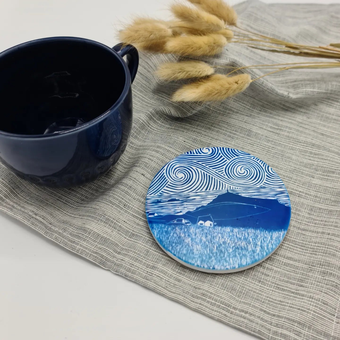 Ceramic coasters with lino printed designs cornish